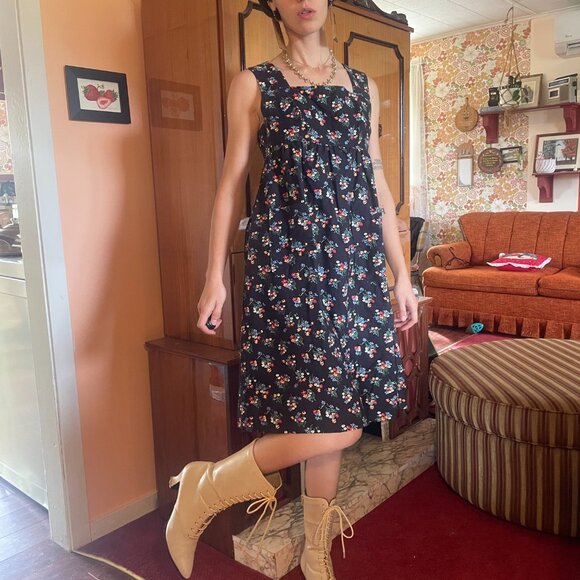 60s mod handmade black and blue floral print square neck dress with pockets! - Picture 1 of 15